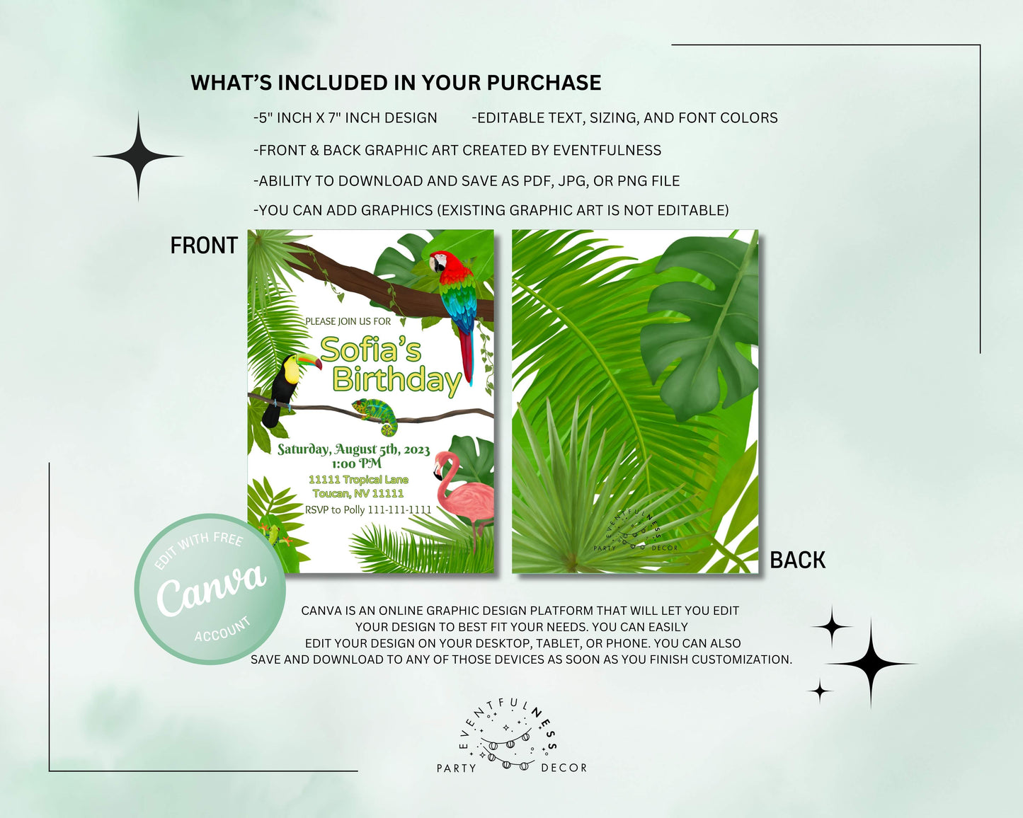 Tropical Party Invite | Jungle | Rainforest | Luau | Digital Party Invite |Toucan | Birthday | Shower| Bachelorette Party | Tropical Leaves