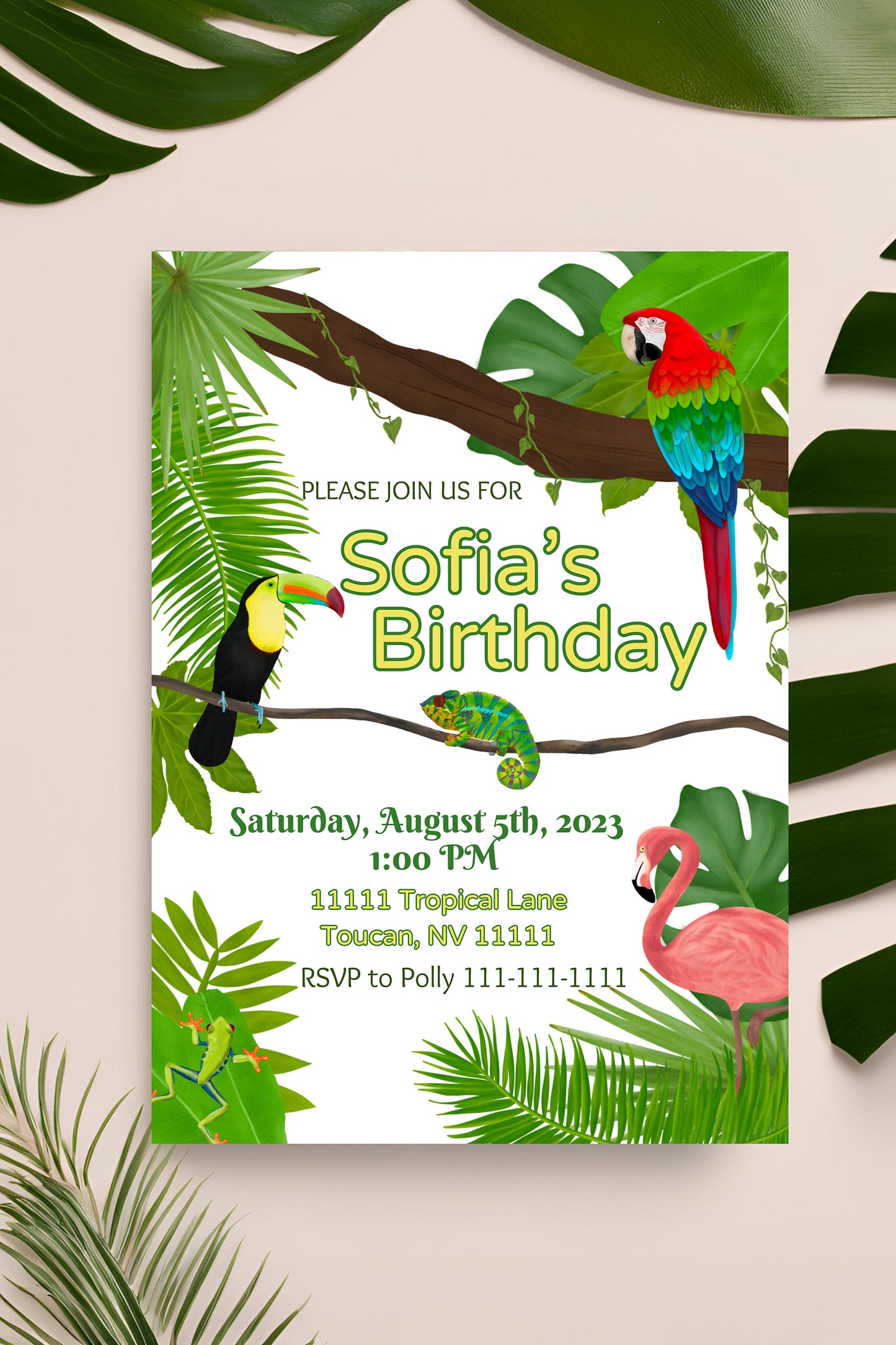 Tropical Party Invite | Jungle | Rainforest | Luau | Digital Party Invite |Toucan | Birthday | Shower| Bachelorette Party | Tropical Leaves