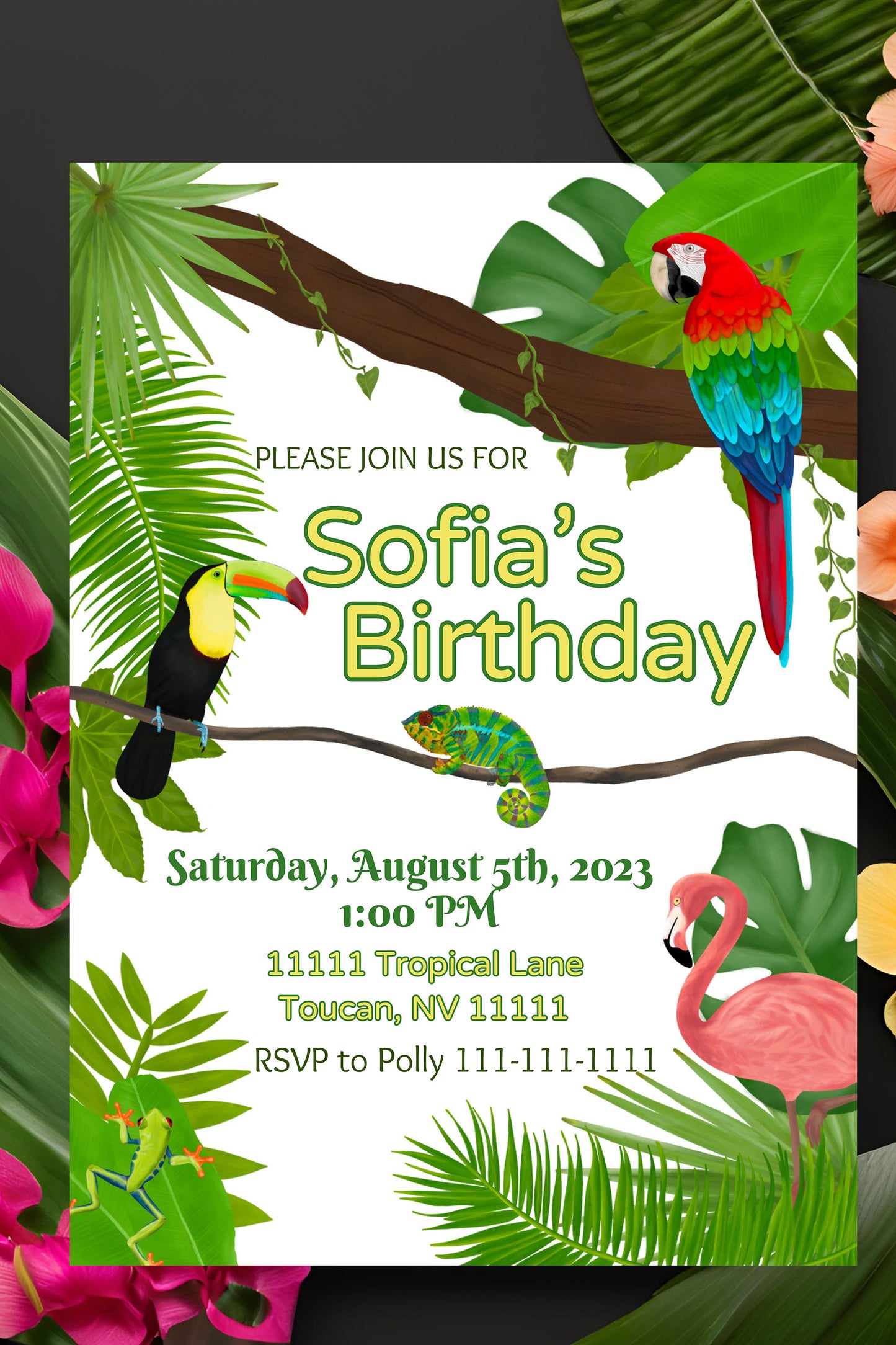 Tropical Party Invite | Jungle | Rainforest | Luau | Digital Party Invite |Toucan | Birthday | Shower| Bachelorette Party | Tropical Leaves