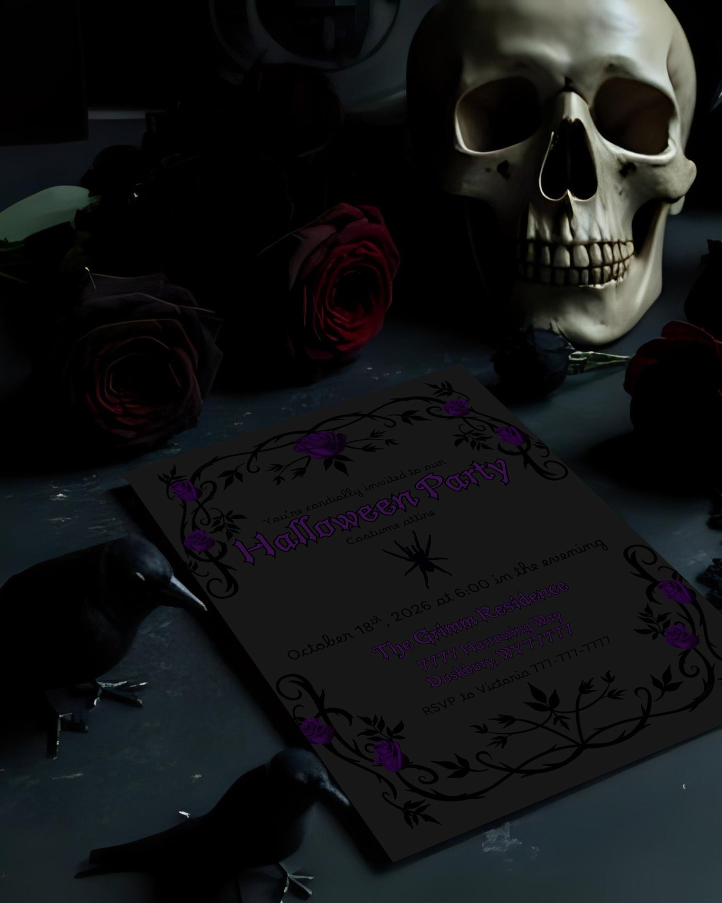Grey Gothic Party Invitation | Halloween Party | Halloween Invite| Gothic | Spooky | Halloween | Haunted Party| Roses | Goth | Gothic Invite