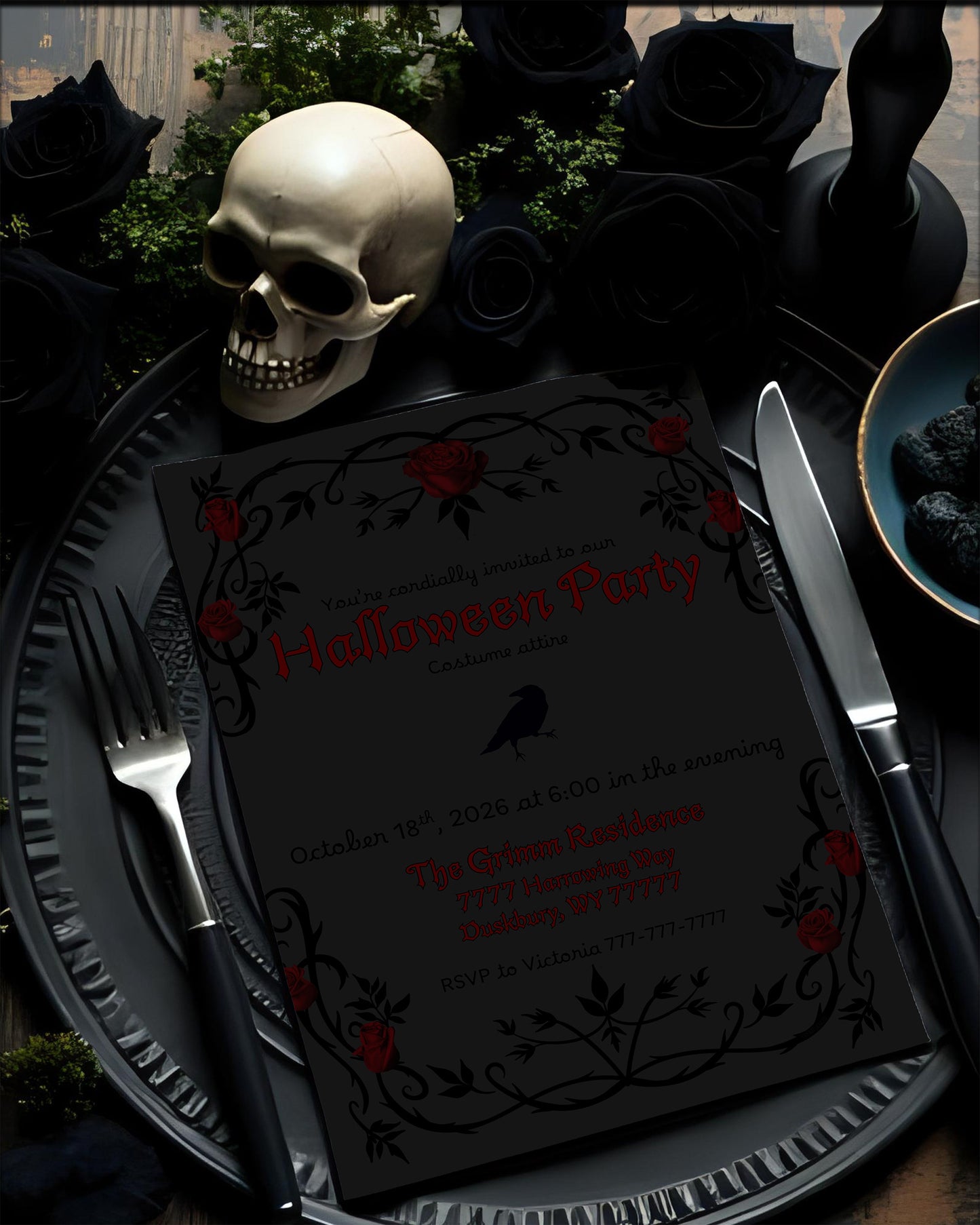 Grey Gothic Party Invitation | Halloween Party | Halloween Invite| Gothic | Spooky | Halloween | Haunted Party| Roses | Goth | Gothic Invite