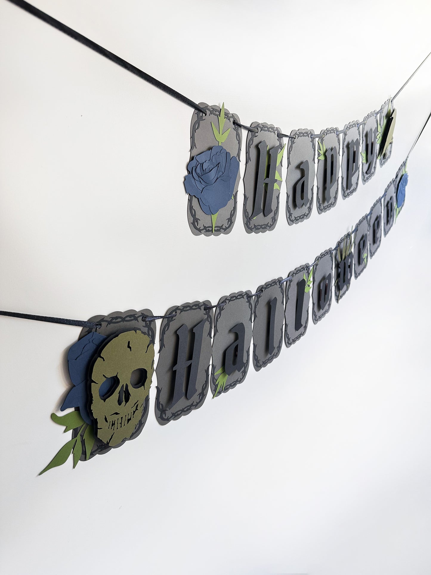 Grey & Blue Gothic Halloween Banner | Skull | Spider | Crow Party Decoration | Spooky Event | Haunting | Haunted Halloween Party | Ghosts