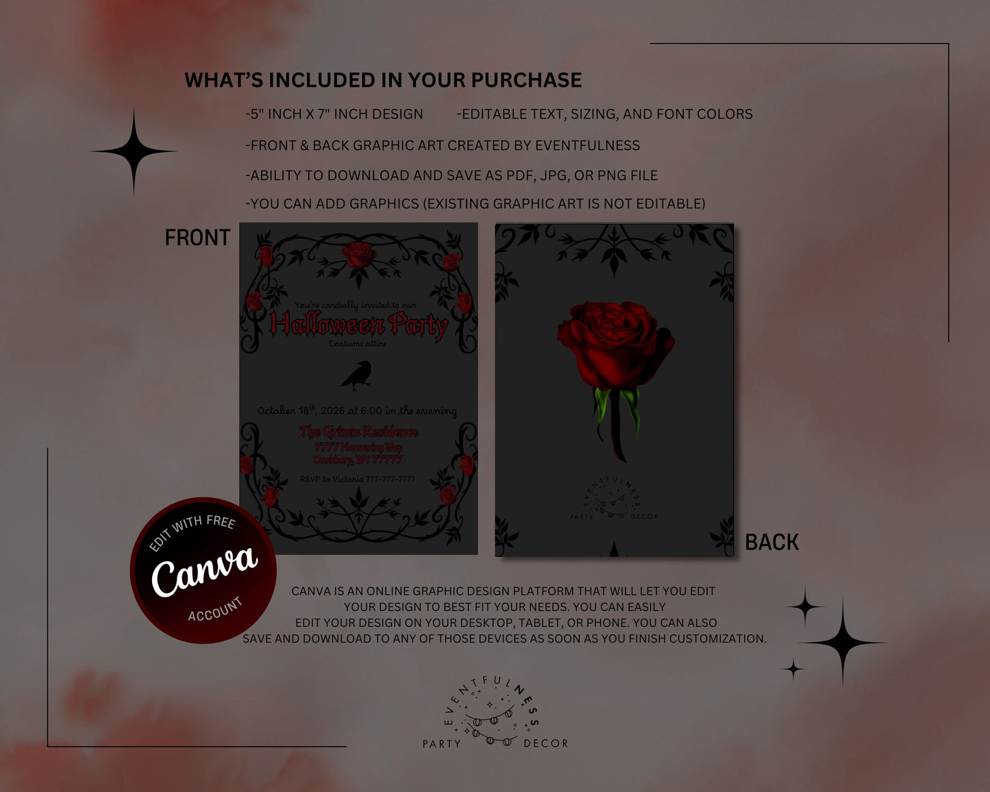 Grey Gothic Party Invitation | Halloween Party | Halloween Invite| Gothic | Spooky | Halloween | Haunted Party| Roses | Goth | Gothic Invite