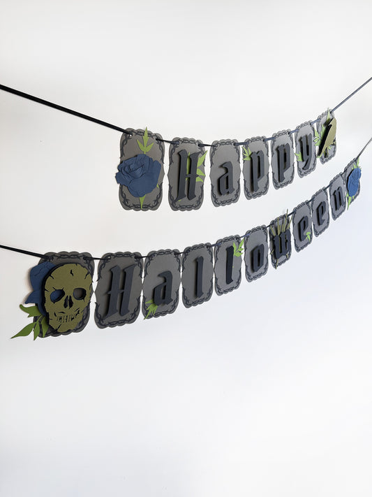 Grey & Blue Gothic Halloween Banner | Skull | Spider | Crow Party Decoration | Spooky Event | Haunting | Haunted Halloween Party | Ghosts