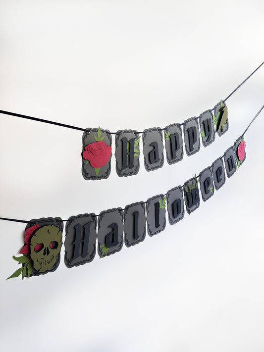 Grey & Red Goth Skull Banner | Happy Halloween Banner | Gothic Banner | Goth Halloween Banner| Goth Roses | Spooky | Mystic Party | Birthday