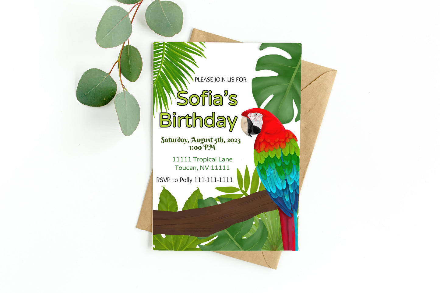 Parrot Party Invitation | Rainforest | Digital Party Invite | Birthday| Shower| Tropical Birds | Parrot Birthday| Luau | Jungle | Leaves
